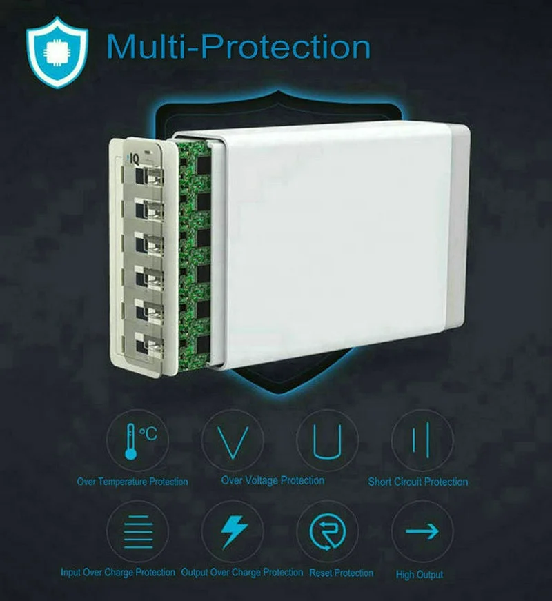 DC 5V 10A 50W 6 USB Port Wall Charger Certification 6 Ports Travel Charger With 1.6m Extension AC Power Cable For Cell Phone