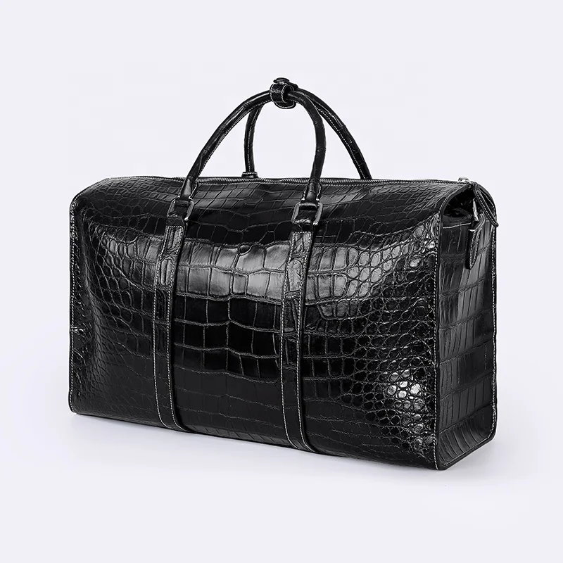 Custom logo black crocodile belly skin leather travel outdoor weekender duffle luggage bag for man