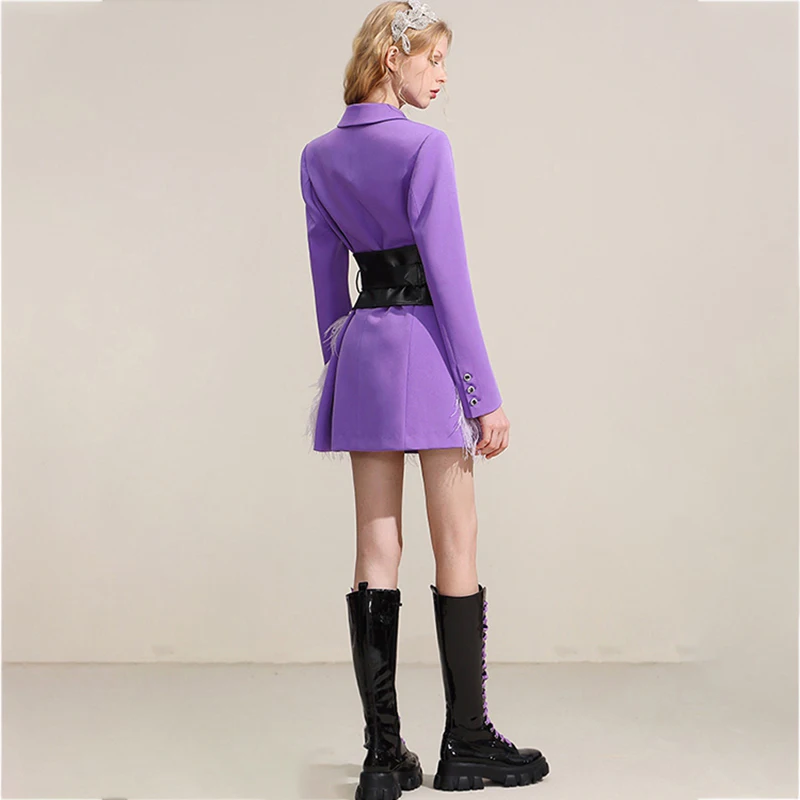 OEM ODM wholesale women slim fit beading feather hem blazer dress with leather belt