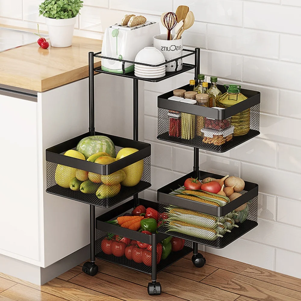 Rotating Shelf 360 Degree Baskets Kitchen Fruit Vegetable Storage Rack Floor Round Household Multi-function Shelf With Wheels