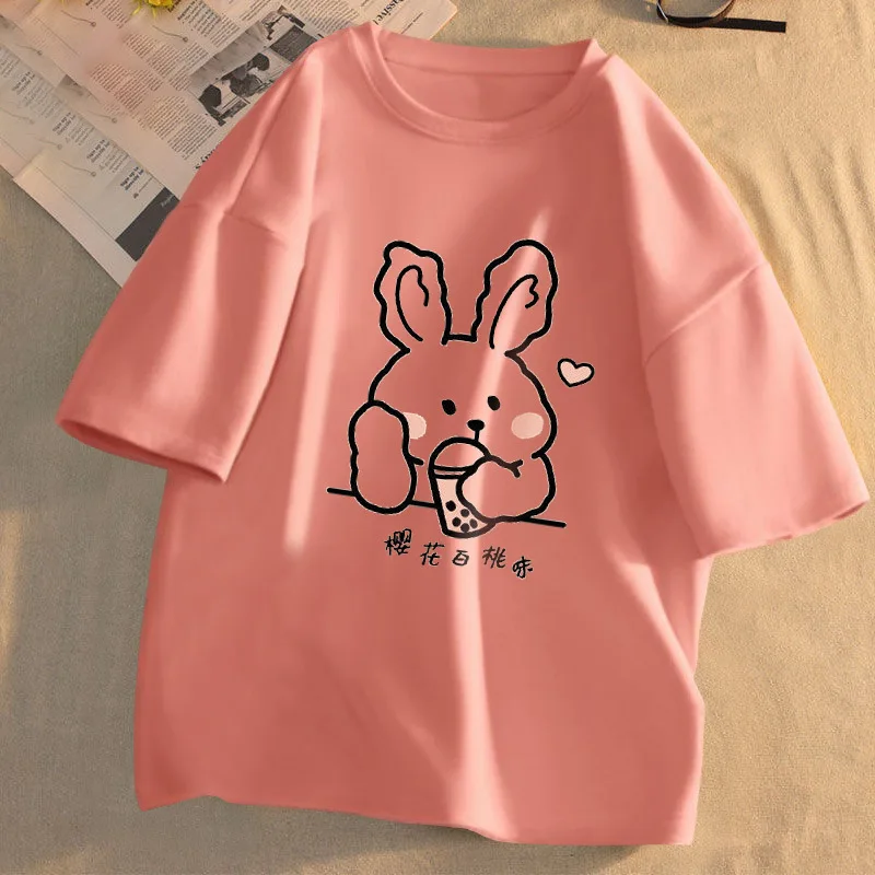 2022 Summer New Korean Version Round Neck T-shirt Print Cute Women Loose Cartoon Casual Short-sleeved Women Large Size Knitted