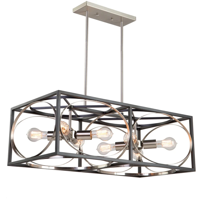 Farmhouse Rectangle Bronze Chandelier Antique Iron Wooden Industrial Vintage Pendant Kitchen Light Dinning Room Living Room