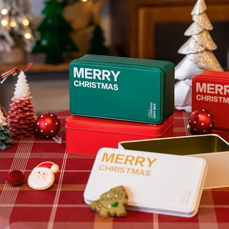 Fancy Rectangular Shape Empty Cookie Storage Gift Box Christmas Metal Tin