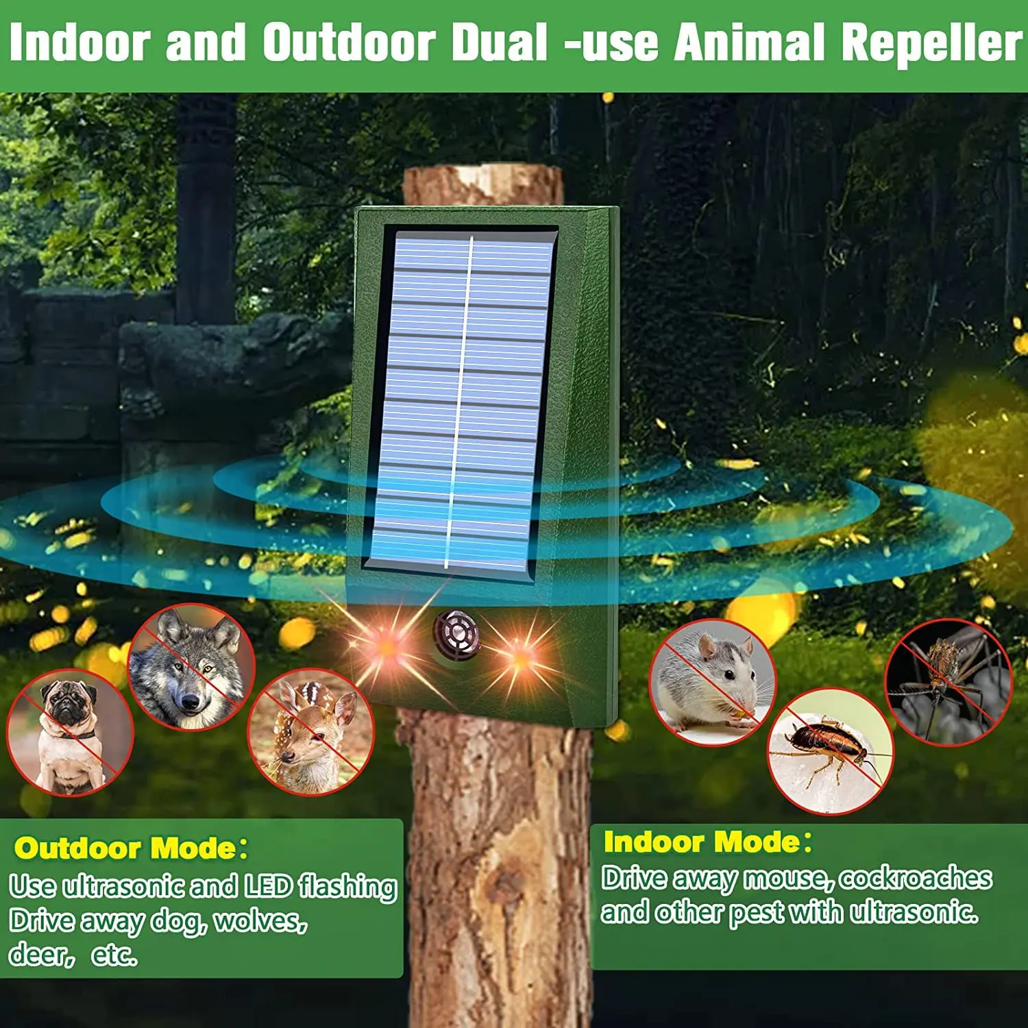 Indoor Bug Zapper Solar Outdoor Waterproof Ultrasonic Animal Repellent For Pest Control Driving Away Mice cat dog snake bird