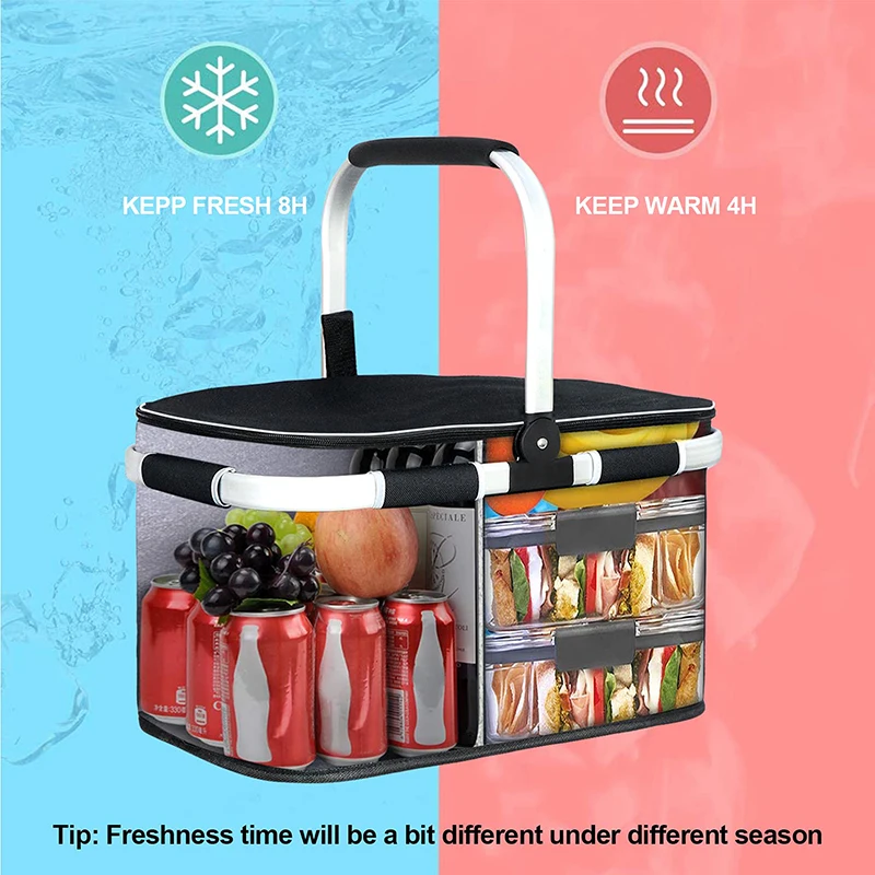 Custom Logo Size Supermarket Foldable Insulated Collapsable Aluminum Cooler Picnic Basket