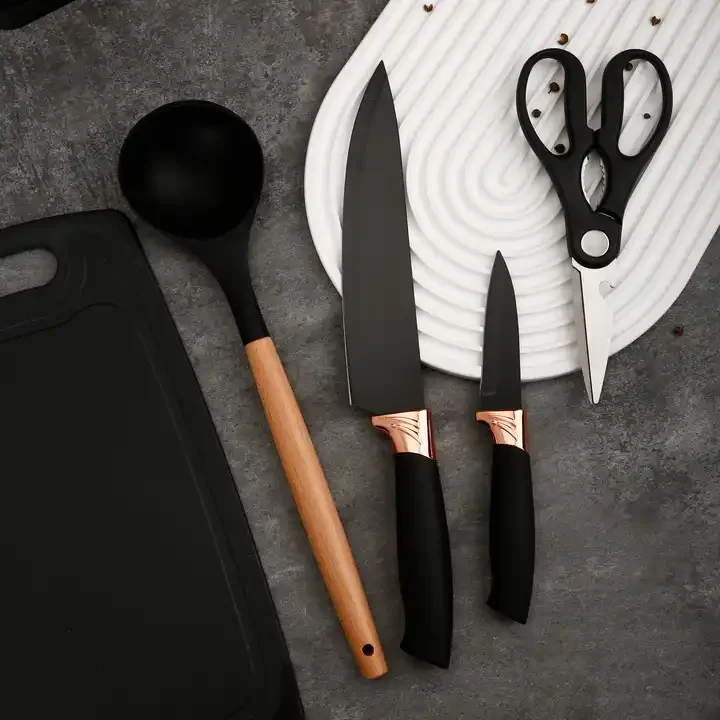 Heat resistance wholesale 19 piece wood handle white soft touch silicone cooking utensils kitchen tools and knife set