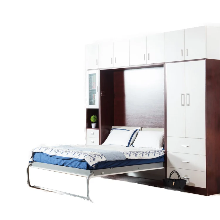 Full size murphy bed saving space hidden smart furniture folding wooden wall bed mechanism