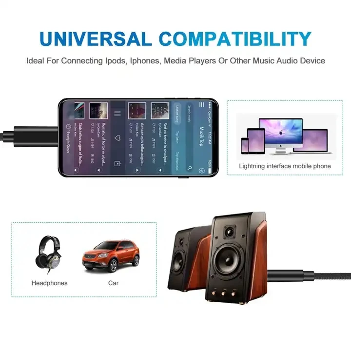 High Quality PVC Audio Aux Cable 3.5mm Headphone Jack Audio Aux Cable 1m Splitter Earphones Cable For Iphone For Ios 14
