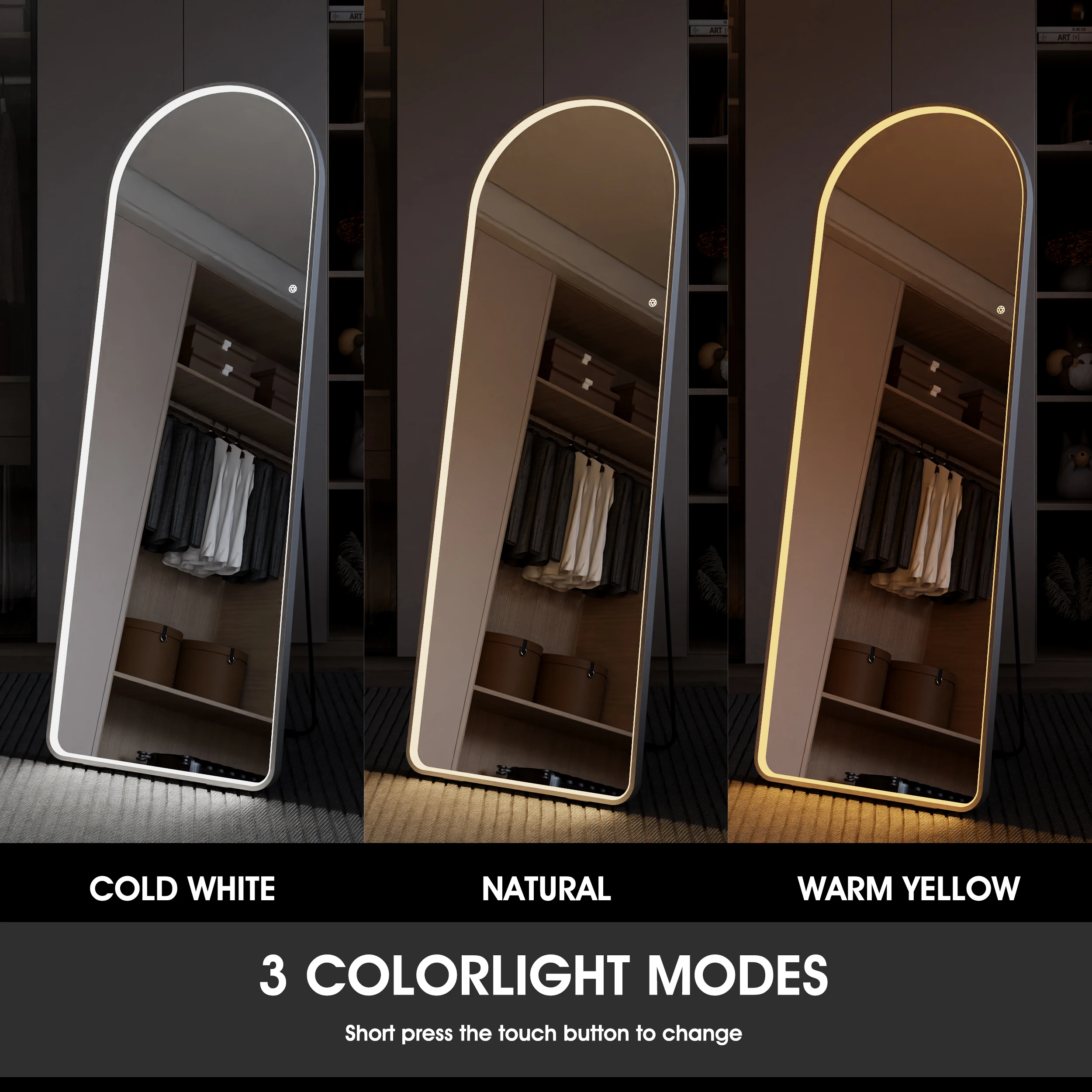 Brightness Adjustment Smart Touch Screen Free Standing Lighted Arched Body Dressing Full Length Floor Mirror With Led Light