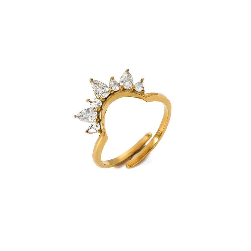 Vintage Stainless Steel 18K Crown Sharped Zircon Cross Open Ring Women Men Anniversary Jewelry