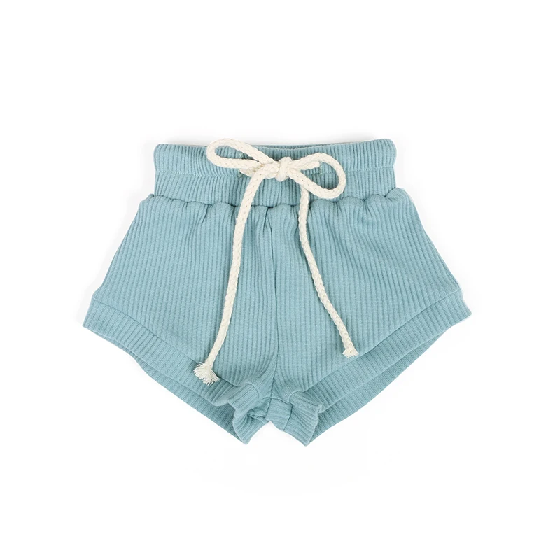 New Fashion Wholesale Custom Logo Kids Blue Ribbed Children 2 Piece Shorts Set