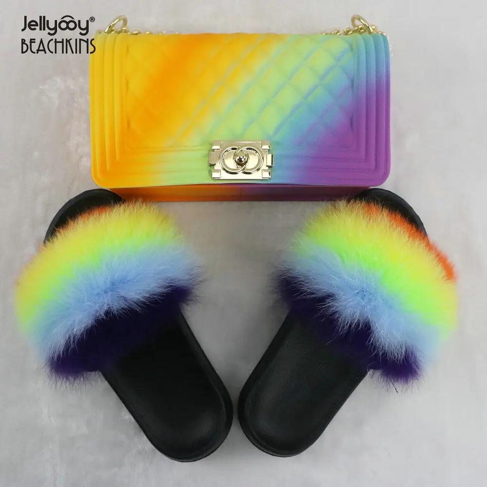 Jellyooy BEACHKINS Matte Rainbow Jelly Bag With Fox Fur Slides Sets Purse Bag Match Colorful Fluffy Fur Slippers Sandals