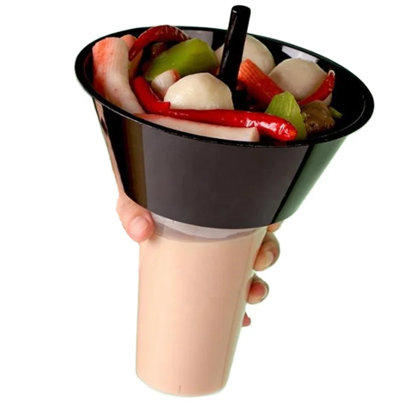 Togo Takeaway Clear 500ml Plastic Cup With Snack Dessert Bowl Tray On Top