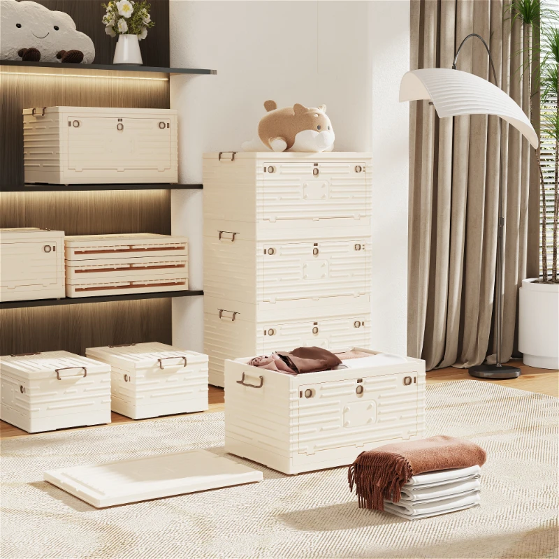 Stacking Foldable Plastic Storage Box Modern Rectangle Design Plastic Foldable Storage Box Side Open Folding Cabinet