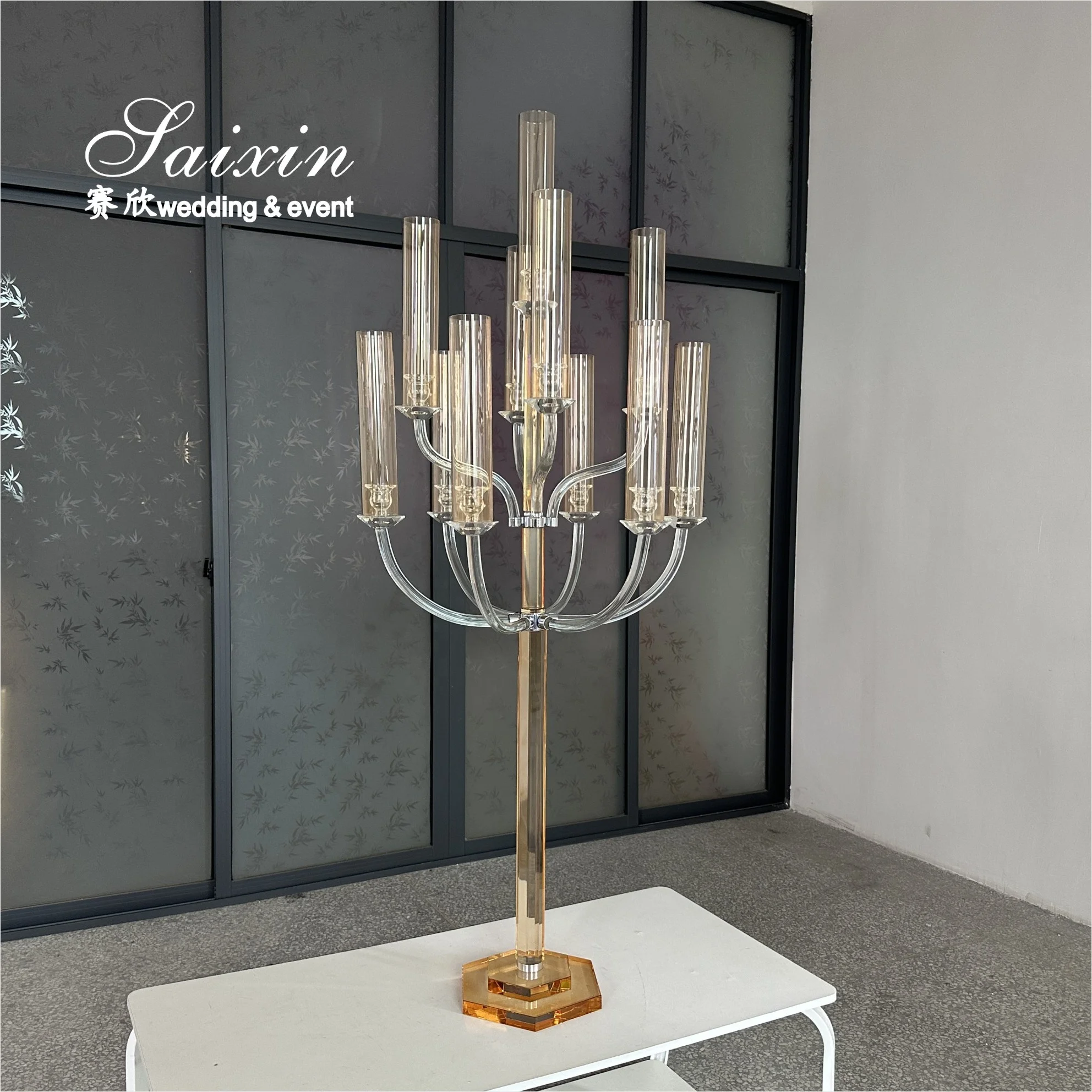 Purity Wedding Table Decoration Tall  Candle Holder Centerpiece Champaign Gold 11 Arms Crystal Candelabra