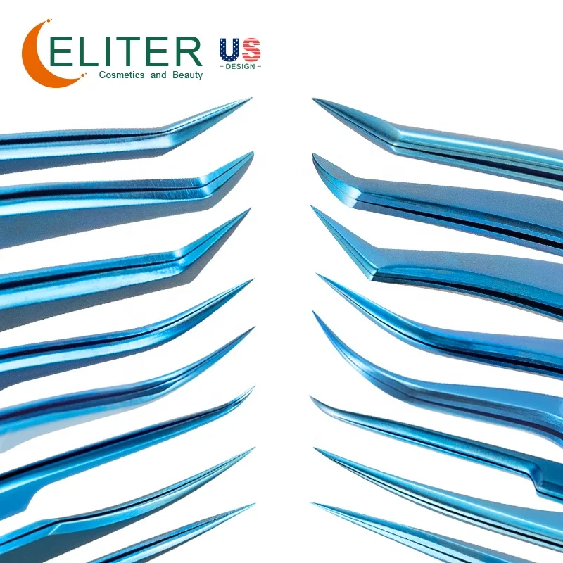 ELITER In Stock Beauty Tools Blue Eyelash Tweezers Straight Eyelash Tweezer Personalized Eyelash Tweezers