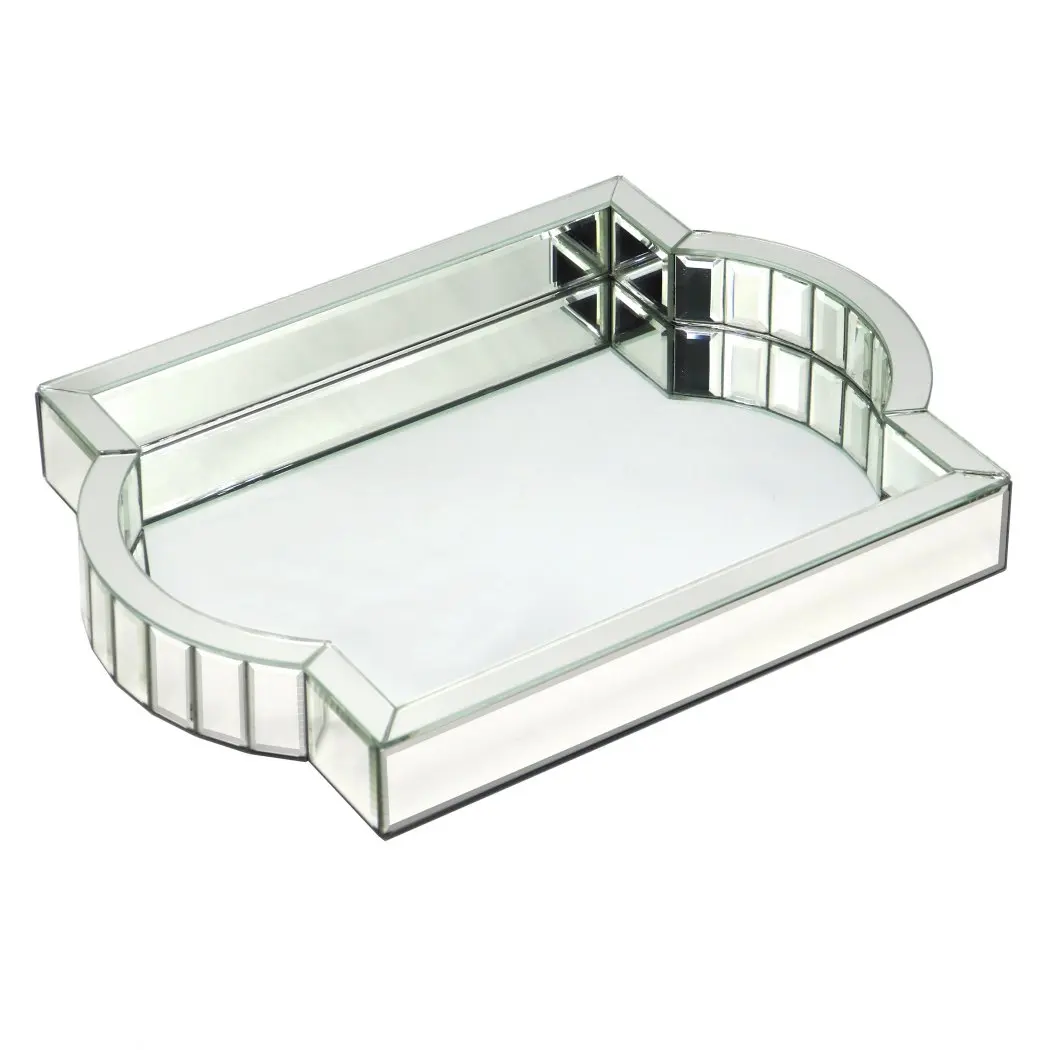 Silver Mirror Tray Bling Decorative Mirror Organizer Arc-Shaped Mosaic Mirror Handle Vanity Tray Coffee Table Serving