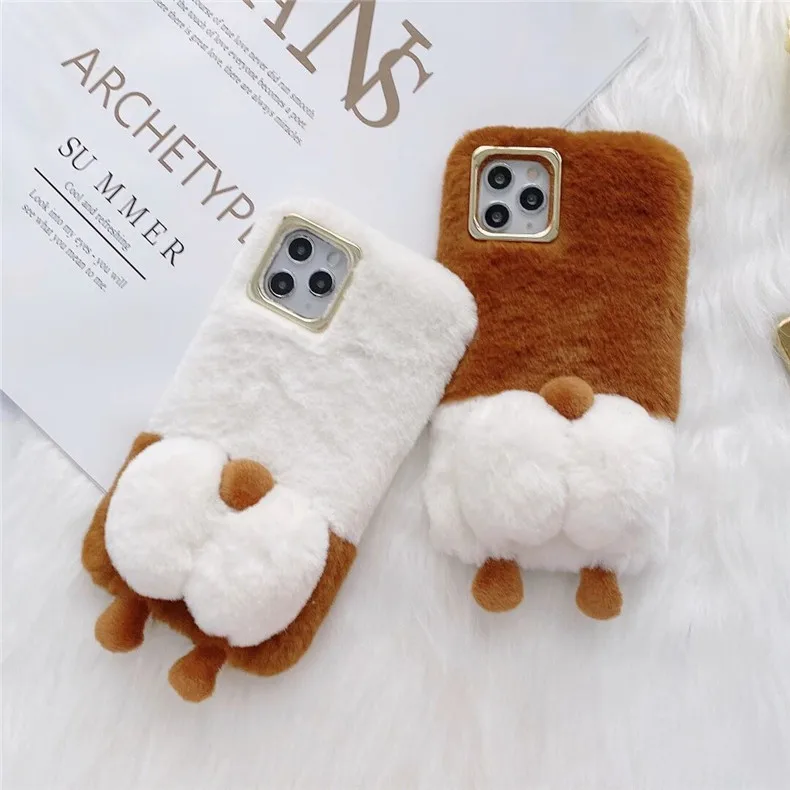 Gift girls women phone case cute Autumn winter warm plush Corgi soft silicone furry warm phone case  for iphone 12 pro max