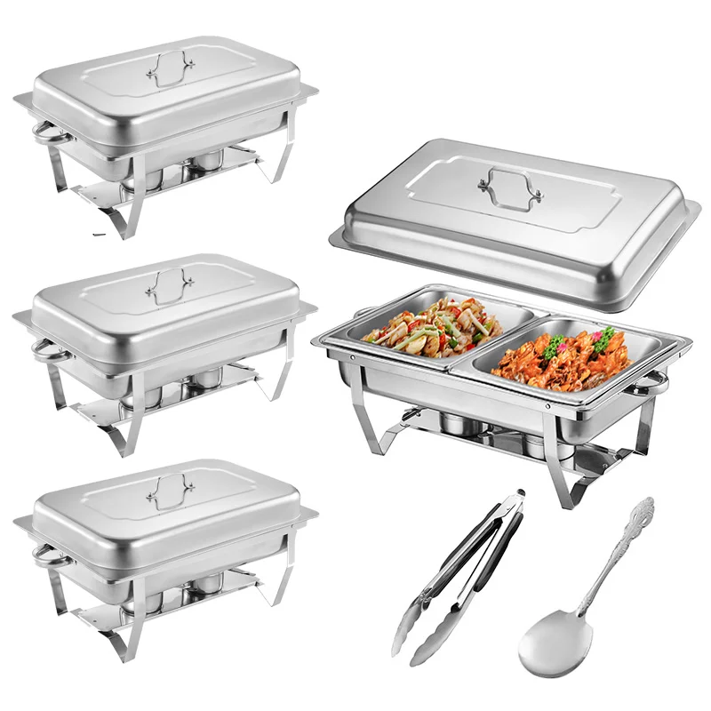 4 Pack 8L Chafing Dish Buffet Stainless Steel Food Warmer Set, Rectangular Buffet Server with Tongs & Spoons for hotel
