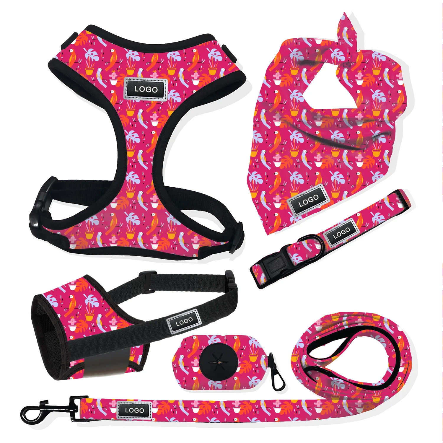 Neoprene Dog Muzzle Reversible Chest Harness Sublimation Customized Designs For Dog Bandana Poop Bag Bow Tie