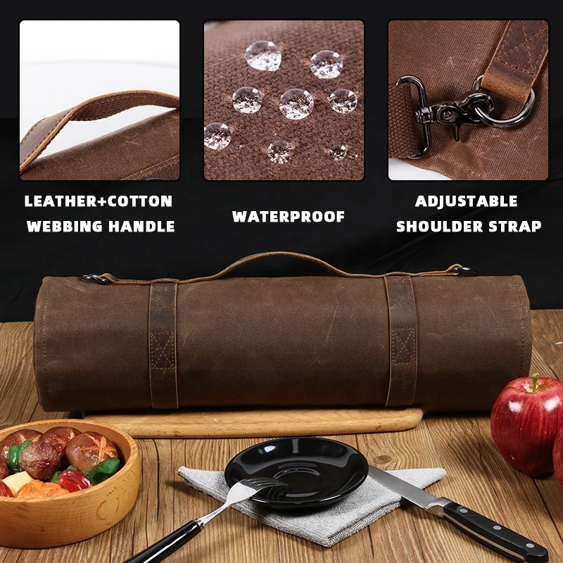 CHANGRONG Custom Heavy Duty Brown Waxed Canvas Leather Chef Knife Roll Up Bag