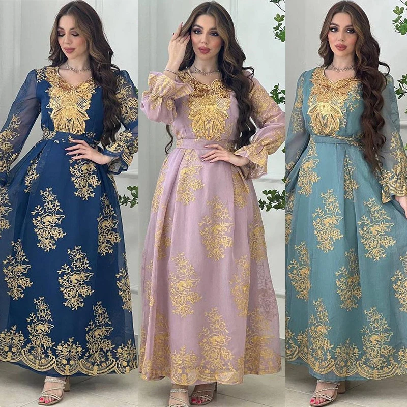 Muslim Abaya Dresses 2023 Eid al-Adha Arab Dubai Embroidered Applique Dress Modest Muslim Party Evening Robe Dress