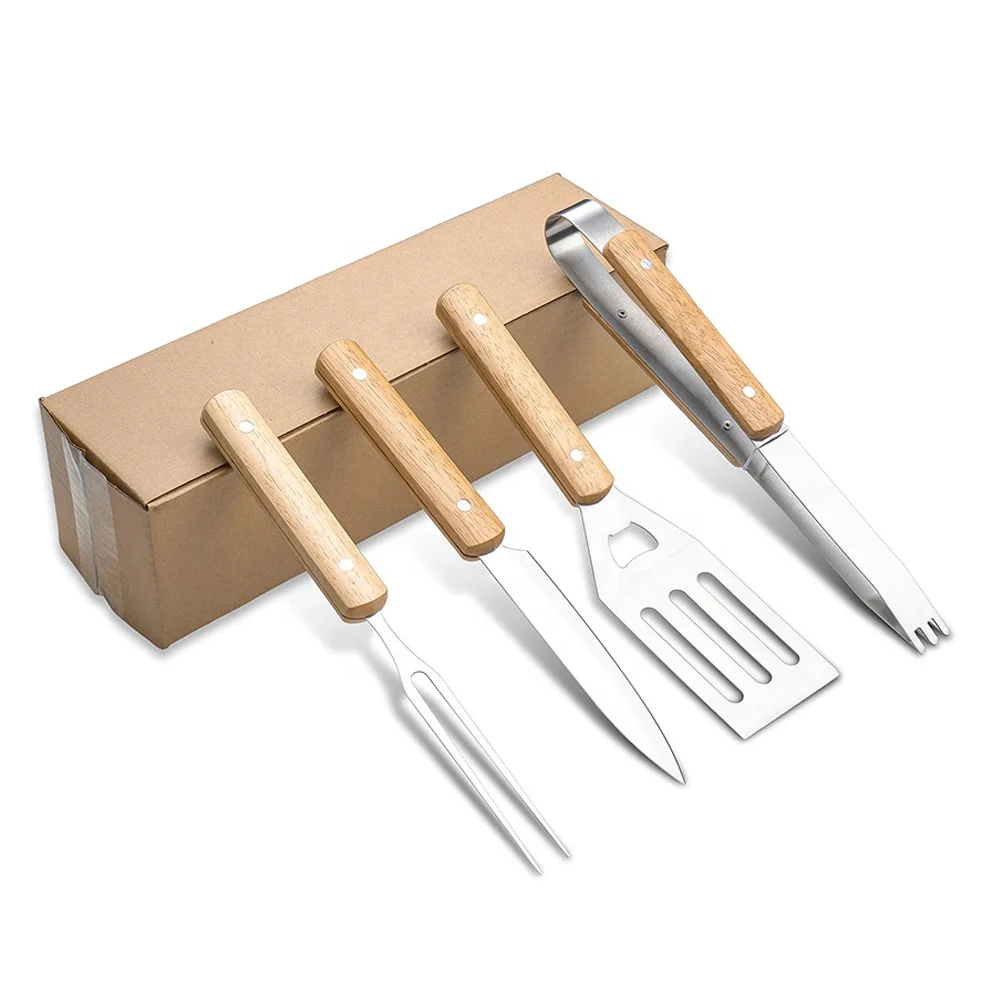 Top 3 Piece Bamboo BBQ Tool Set Grill Accessories with Meat Fork Spatula Utensils Set for Outdoor Barbecue Wood Handle Sticks