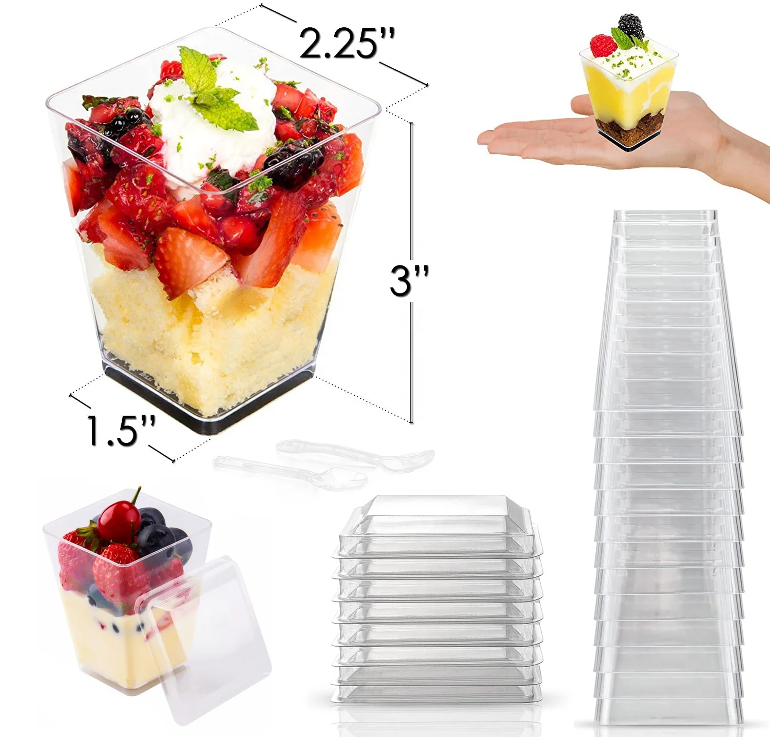 Hot Selling Ps Material Square Shape 160ml 5oz Plastic Dessert Pots Ice Cream Jelly Mousse Pudding Dessert Cups