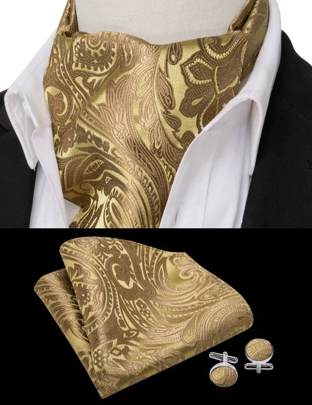 
Hot Sale Classic Yellow Gold Floral Paisley Mens Silk Ascot Cravat Set 
