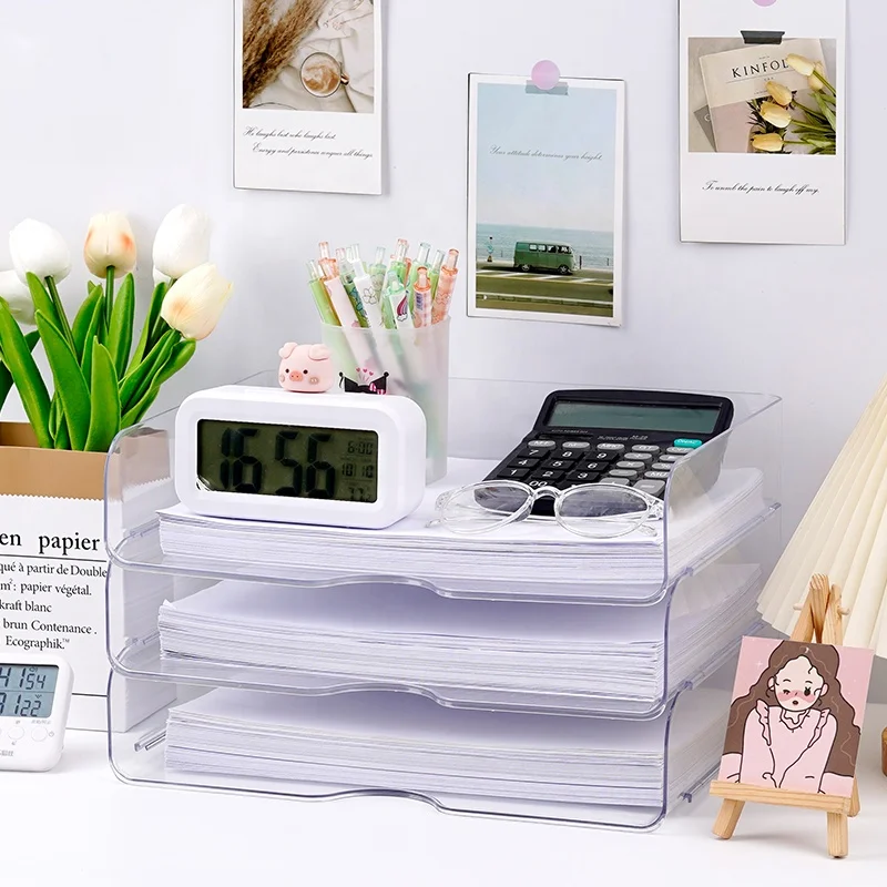 1 PCS Transparent Office Stackable Desk Organizer Desktop Storage Box File  Tray Display Book  Magazine Holder