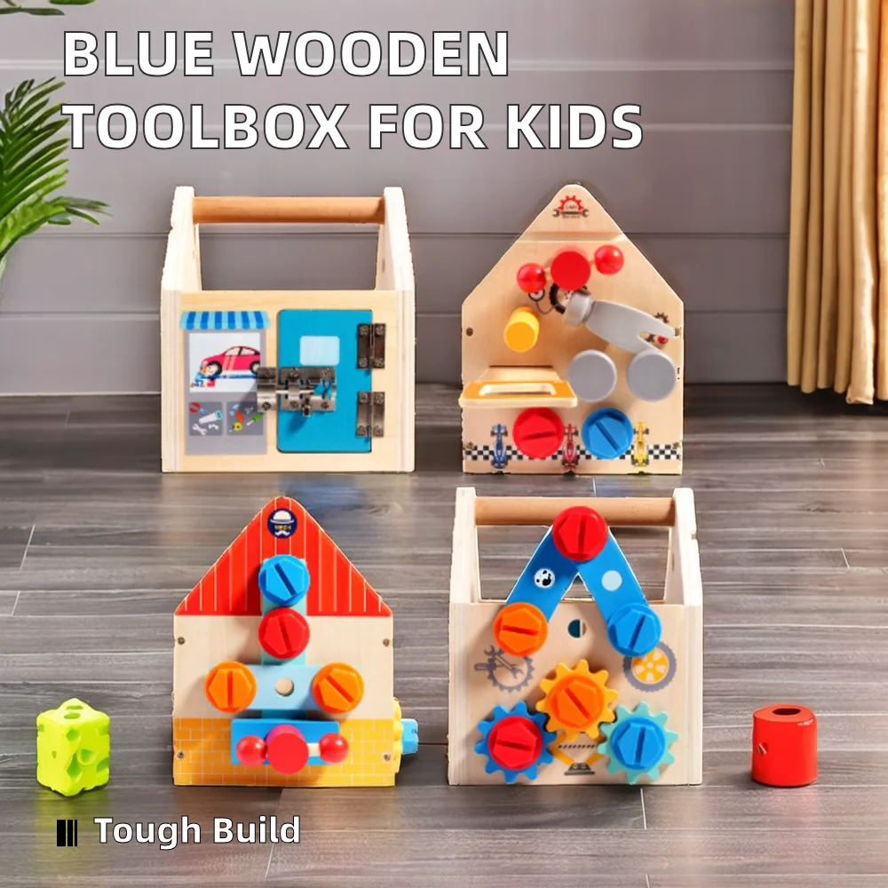 Multifunctional Wooden Toolbox Early Childhood Education Handheld Nut Disassembly Tool Blue Unisex Toy Children Made Wood PC