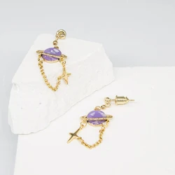 New Slovehoony 18k Gold Designer Purple Saturn Enamel Star Zircon Pearl Earrings Jewelry Drop Dangle Earings For Girls