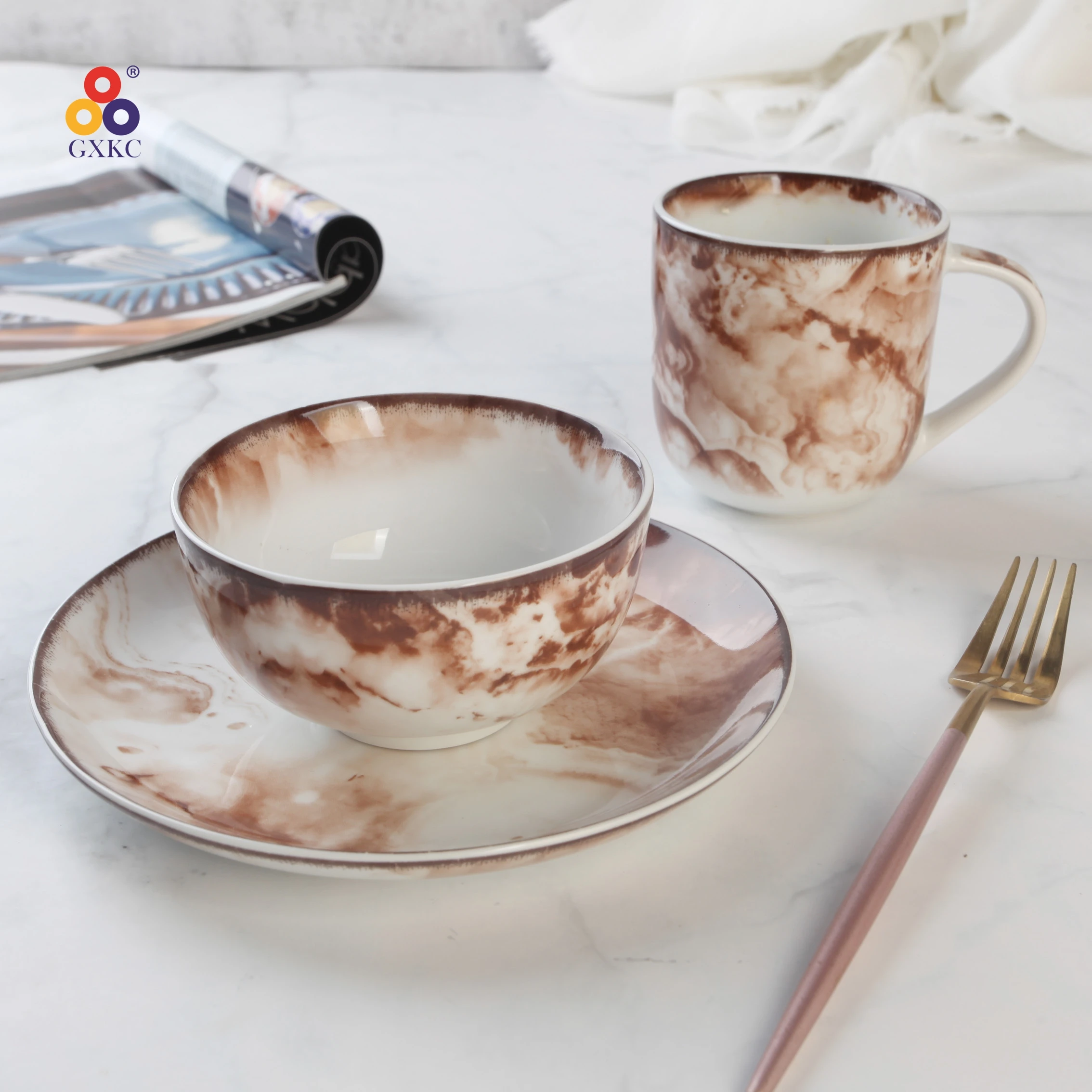 Factory Direct  New Bone China Ceramic Dinnerware Dinning Plate Bowl Mug Marbling Dinner Set Fine Porcelain