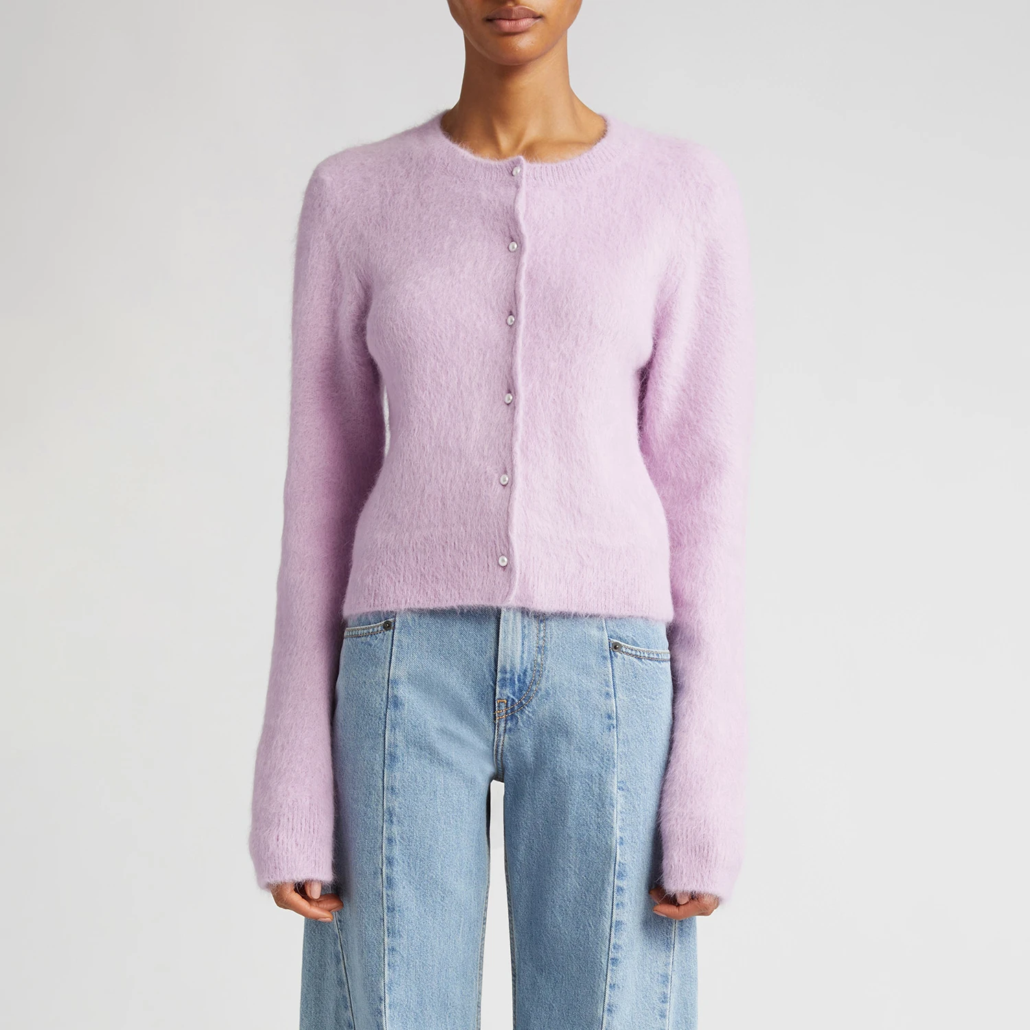 Wholesale custom long sleeve crew neck pearly button solid color crop angora wool sweater cardigan women
