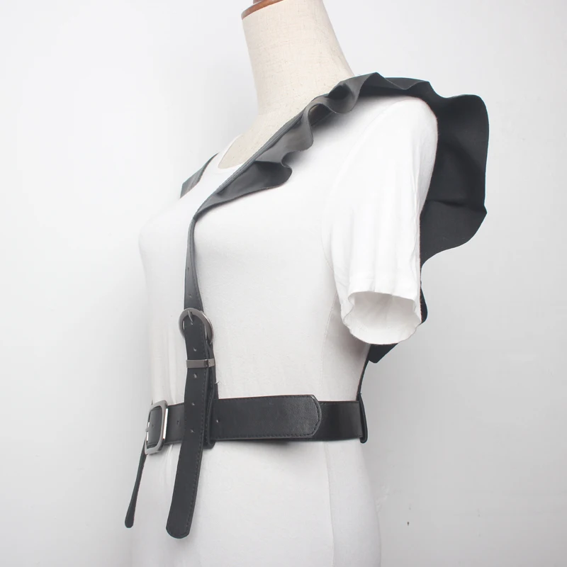 Hong Kong Style Black Lotus Leaf Lace PU Leather Double Shoulder Wide Party Suspenders Belts Female and Male