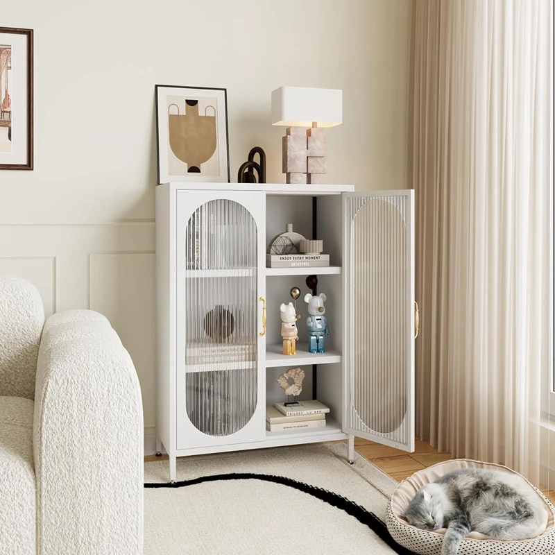 White 2 arched glass door living room kitchen metal sideboard storage cabinet with adjustable shelf