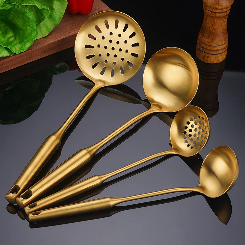 Hollow Handle Spoon Spatul Soup Ladle Skimmer Stainless Steel Metal Cooking Tool Set Stainless Steel Gold Kitchen Utensils Set