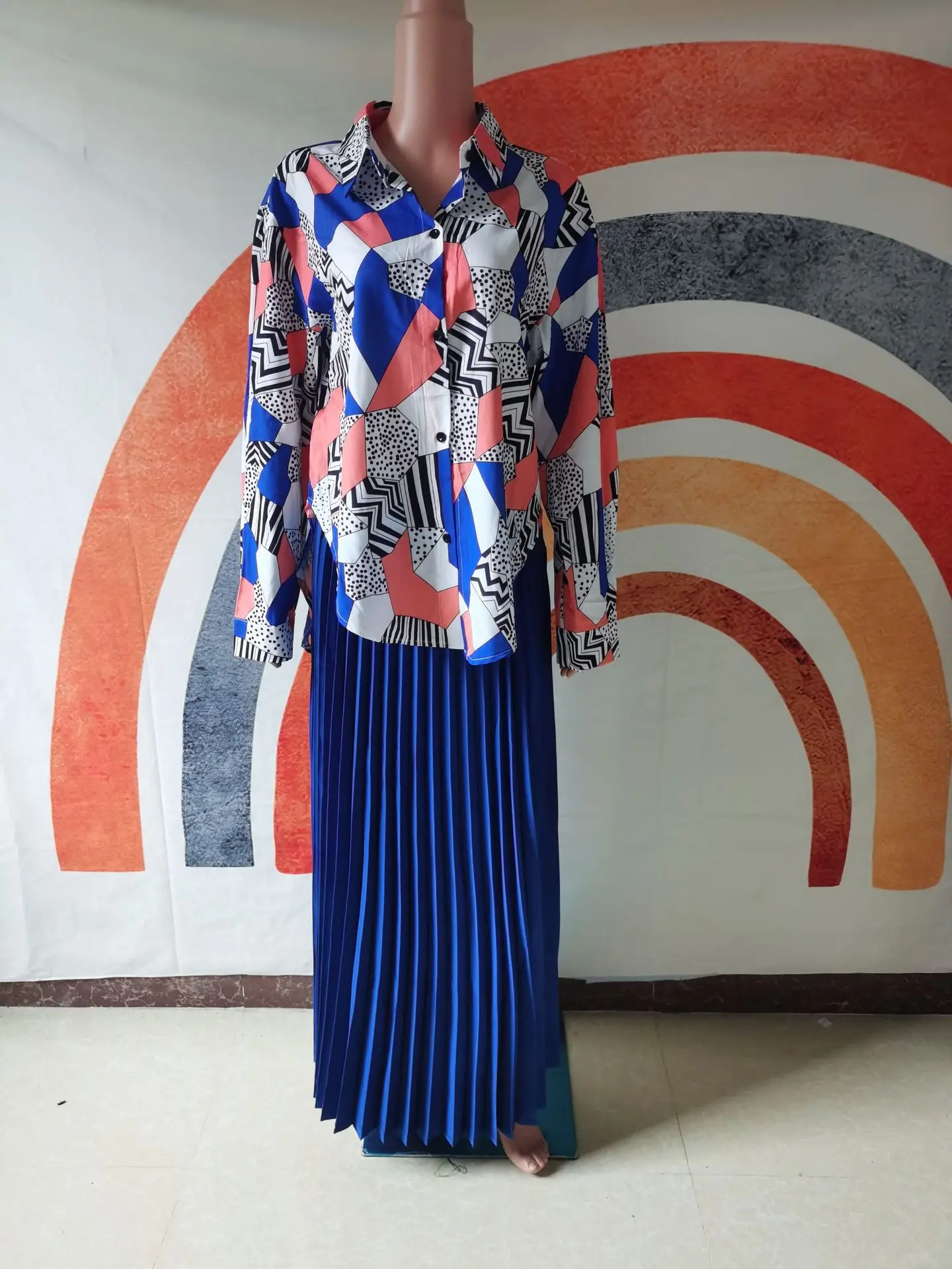 Women Modest Set Fashion Loose Patchwork Button Long Tops Blouse Elegant High Waist Pleated Skirt 2pcs Suit