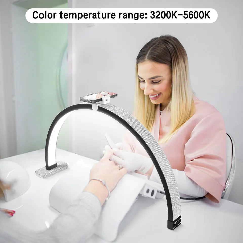 Factory wholesale 75CM 48W desktop Nail Half Moon Light with rhinestones phone stand Bi-color desktop light