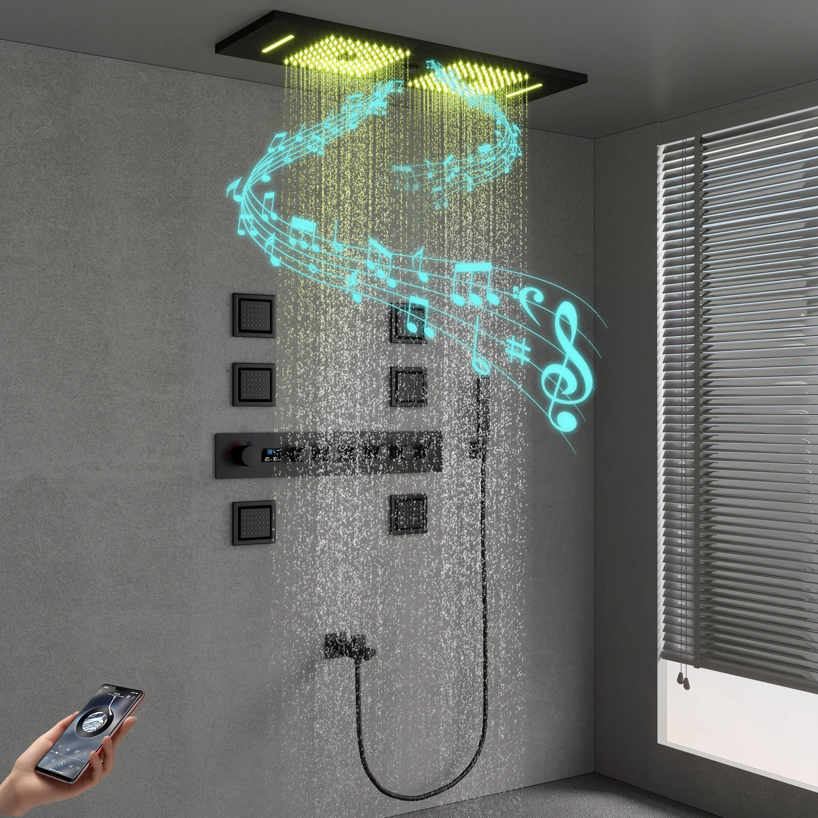 Matte Black 900*300mm Shower System Ceiling Music LED Shower Head Bathroom Cold and Hot Digital Display Shower Faucets