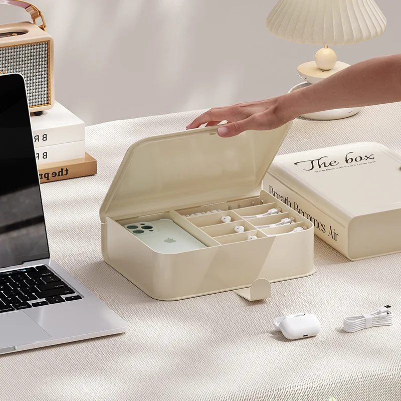Tempered film phone cas power bank headphone charging cable organizing desktop compartment storage box