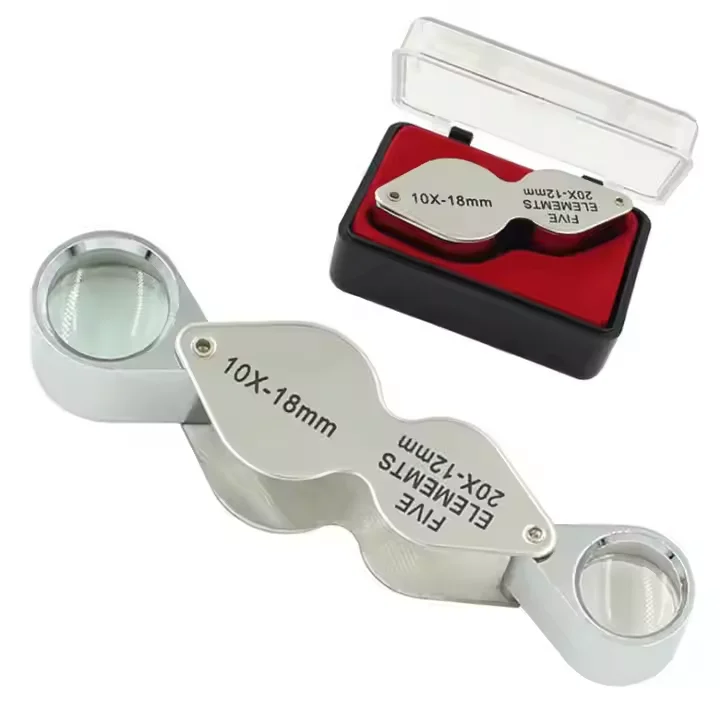 10X 20X Pocket Silver Jewelry Diamond Gems Magnifier Triplet Jewelry Loupe Dual Lens 10X-18mm 20X-12mm Magnifying Glass