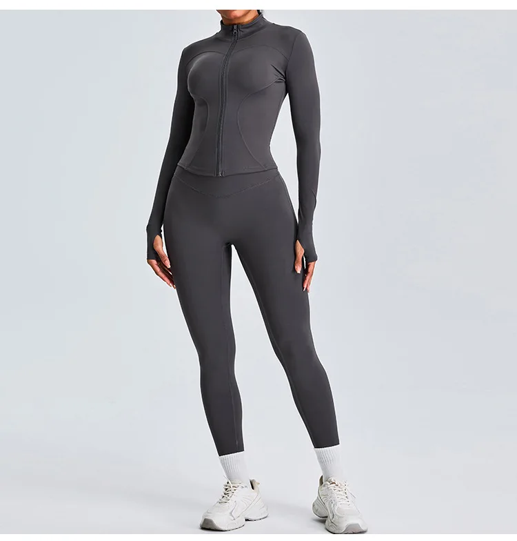 Hot Selling Two Pieces Jacket Legging Set Women Workout Running Activewear High Quality Nude Feeling Athletic Yoga Fitness Sets
