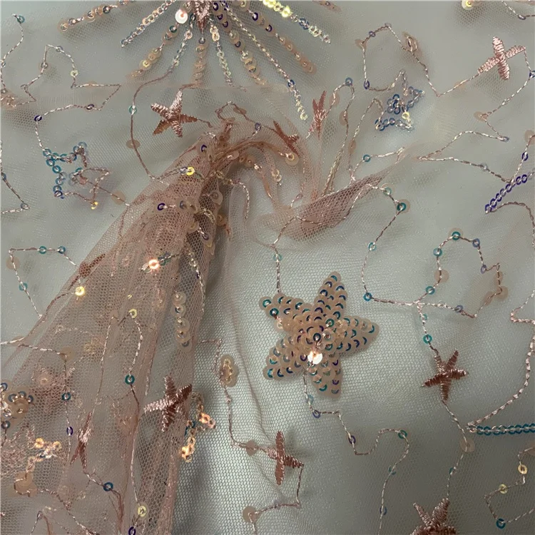 Design cheap design pink decorative floral sequin embroidered beaded tulle fabric mesh fabric