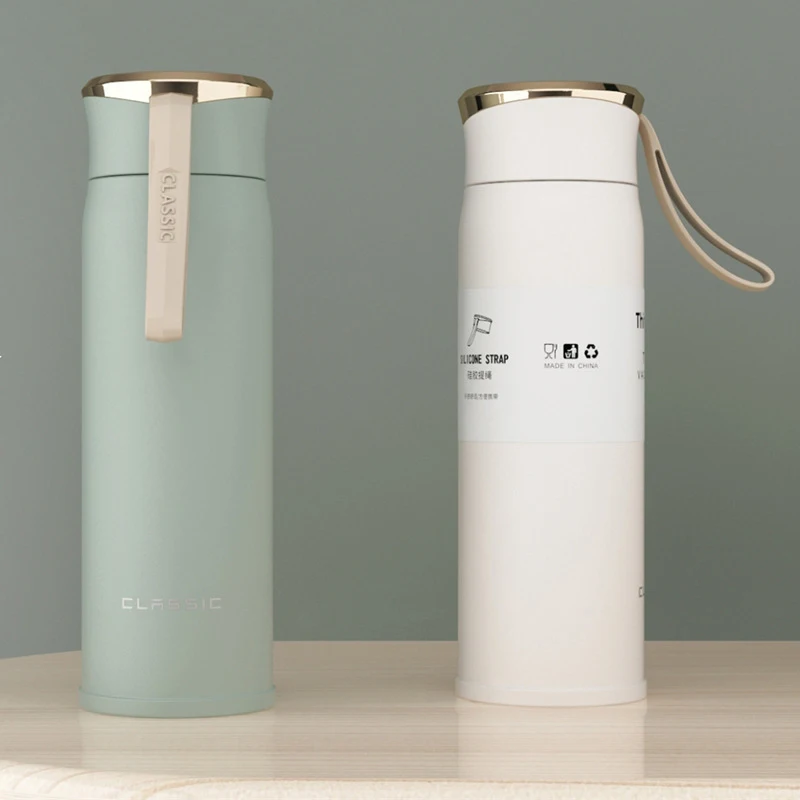 Stainless Steel Sports Water Cup Flask Travel Thermal Mug 15 oz Insulated Water Bottle with Lid & Strap