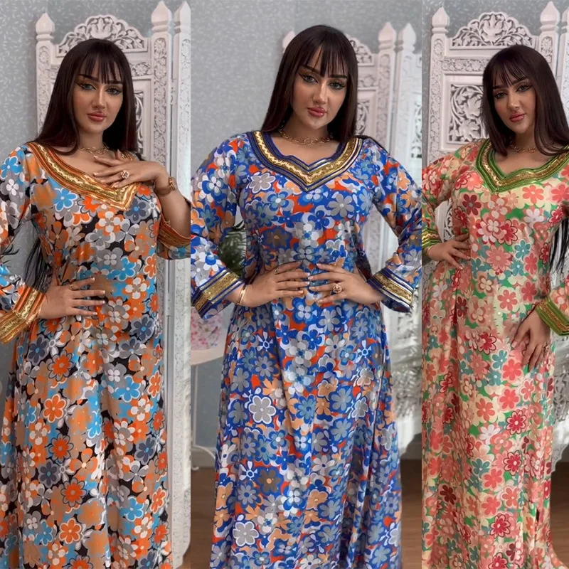 Wholesale Clothing Long Sleeve Beach Bohemian Elegant Floral Printing Jalabiya Evening Dresses