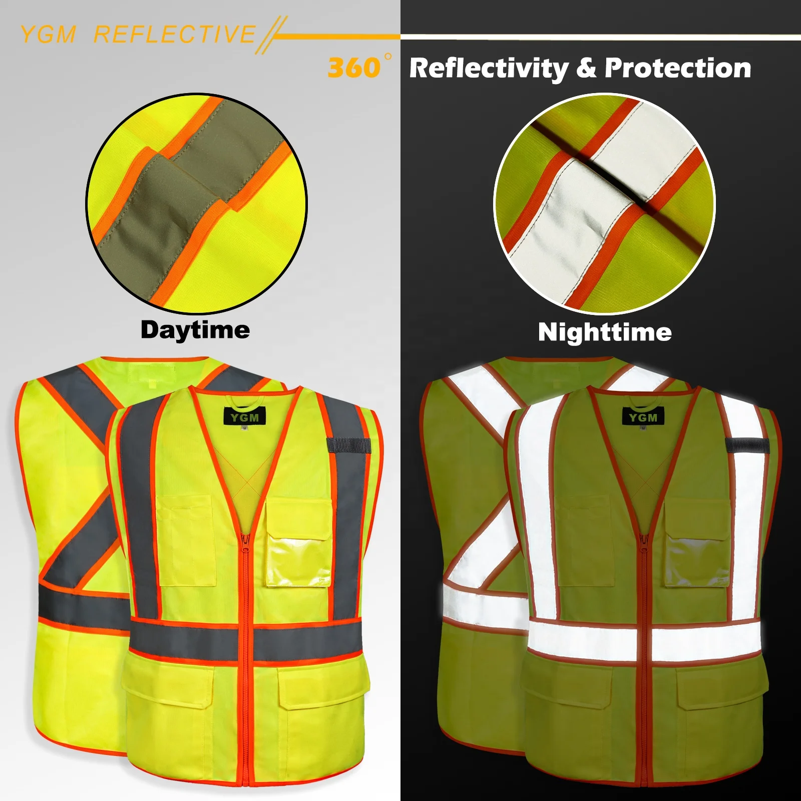 Wholesale High Visibility 100% Polyester Reflective Safety Vest Yellow Multiple Pocket Practical Construction Vest for Road