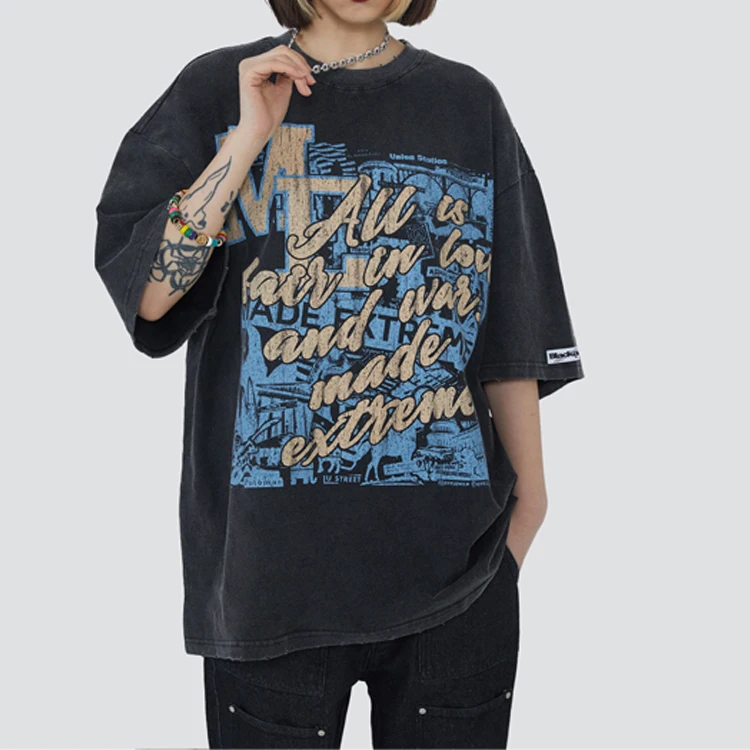 OEM manufacturers china factory oversized tee puff print heavy cotton vintage t shirt logo custom stone washed t shirt for men