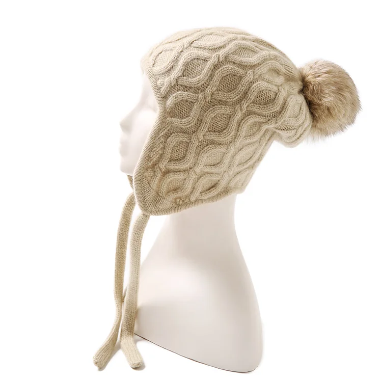 Прямая поставка с фабрики кашемира женская вязаная шапка помпоном из лисьего меха и енота Шапка-бини чистого шерсти со