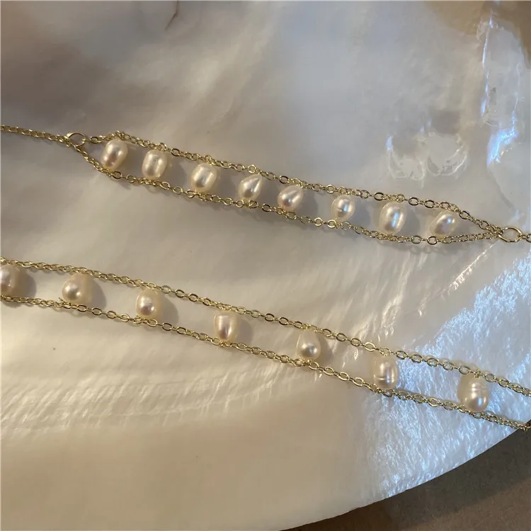 QiuHan Dainty Double Layer Girls Necklace and Bracelet Freshwater Pearl Jewelry Set for Gift Party